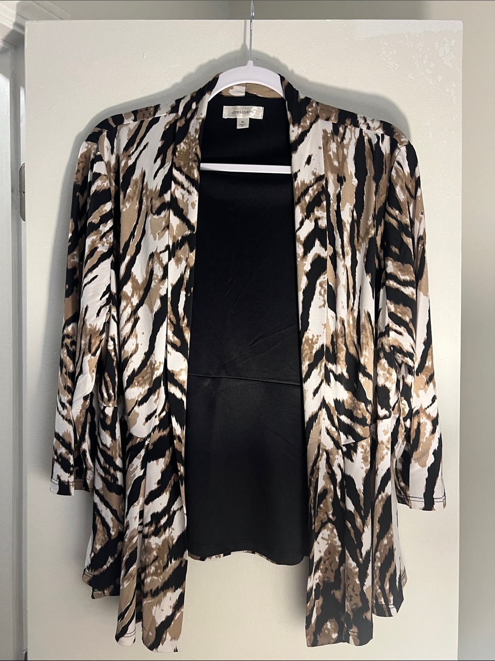 Dress Barn Black, White & Brown Patterned Open Front Cardigan